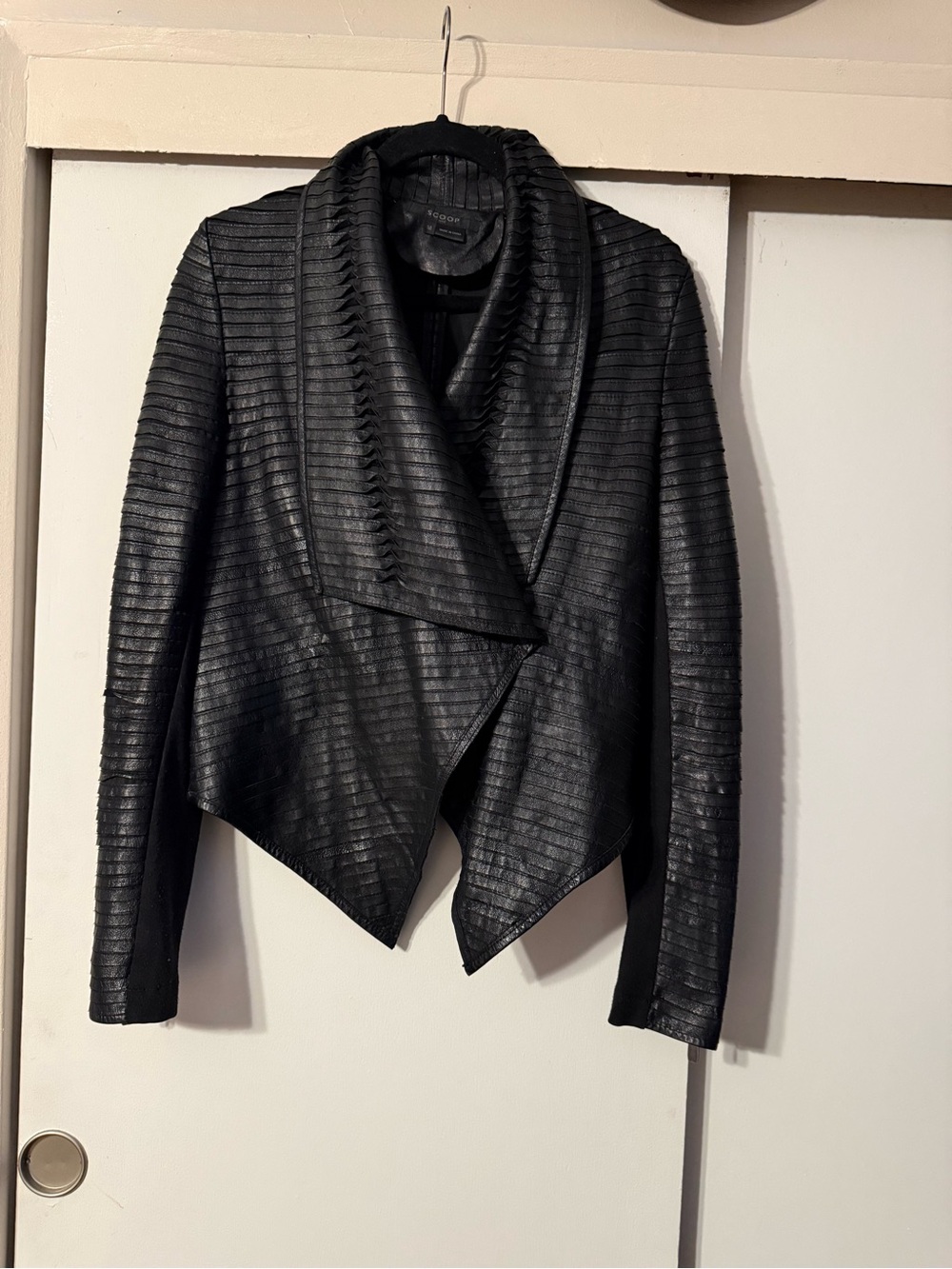 Scoop NYC Black Textured Draped Leather Jacket